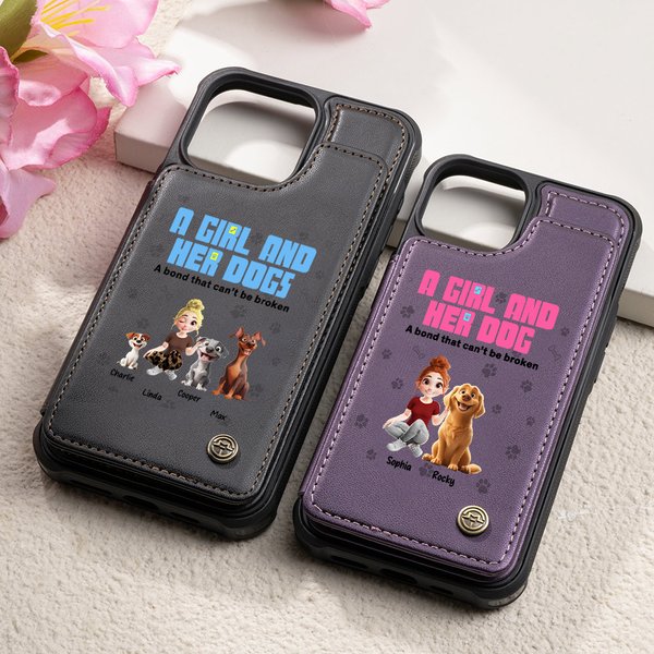 Cartone animato 3D personalizzato Una ragazza e i suoi cani hanno un legame indissolubile Custodia per telefono a fogli mobili con supporto per carte di credito con blocco RFID Regalo di compleanno pe