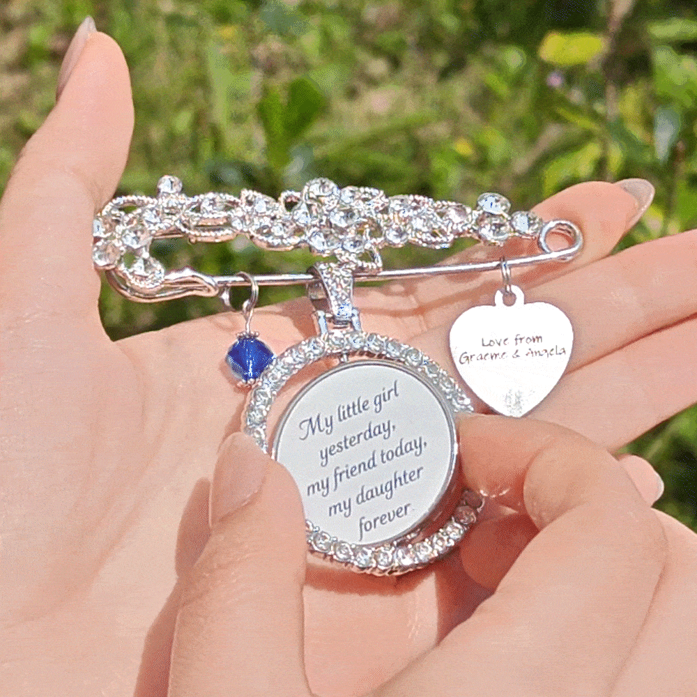 Personalised Bling Rhinestone Pearl Something Blue Engraved Bouquet Charm Pin Brooch with Photo Disc and Heart Charm Wedding Memorial Gift for Bride