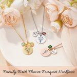 Personalised Disc Birth Flower Birthstone Pendant Necklace with Engraved Name Dainty Jewellery Mother's Day Birthday Gift for Her