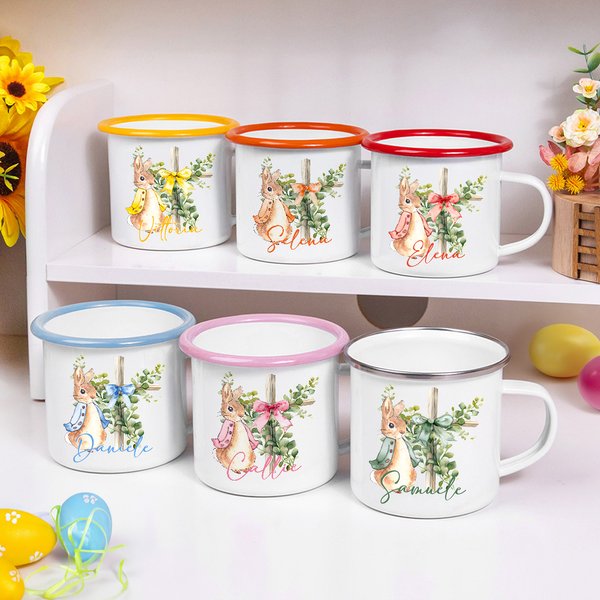 Tazza da 355ml personalizzata con nome in acciaio smaltato con bordo colorato regalo di compleanno di Pasqua e ritorno a scuola per bambini