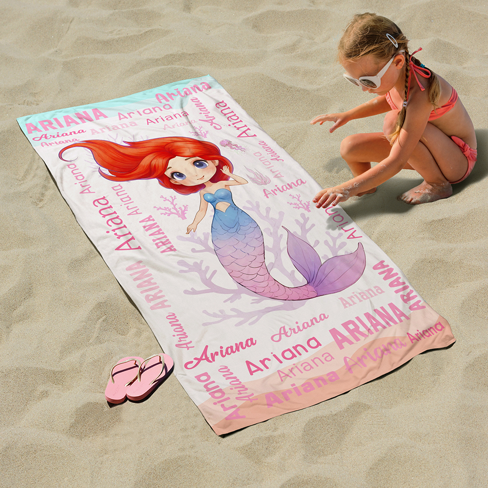 Serviette de plage princesse sirène personnalisée avec nom Cadeau d'anniversaire essentiel pour les filles qui aiment les sirènes