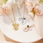 Personalised Disc Birth Flower Birthstone Pendant Necklace with Engraved Name Dainty Jewellery Mother's Day Birthday Gift for Her