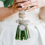 Personalised Bling Rhinestone Pearl Something Blue Engraved Bouquet Charm Pin Brooch with Photo Disc and Heart Charm Wedding Memorial Gift for Bride