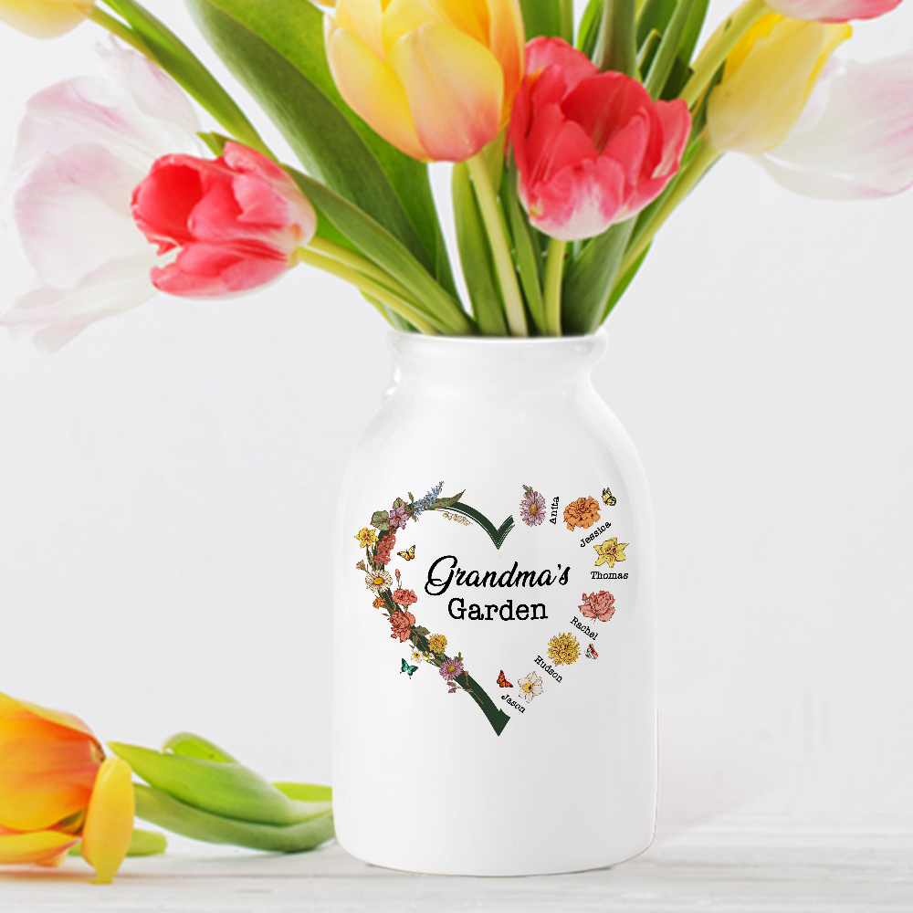 Vase à fleurs en céramique avec titre et 1-6 noms Cadeau d'anniversaire de fête des mères pour maman grand-mère famille