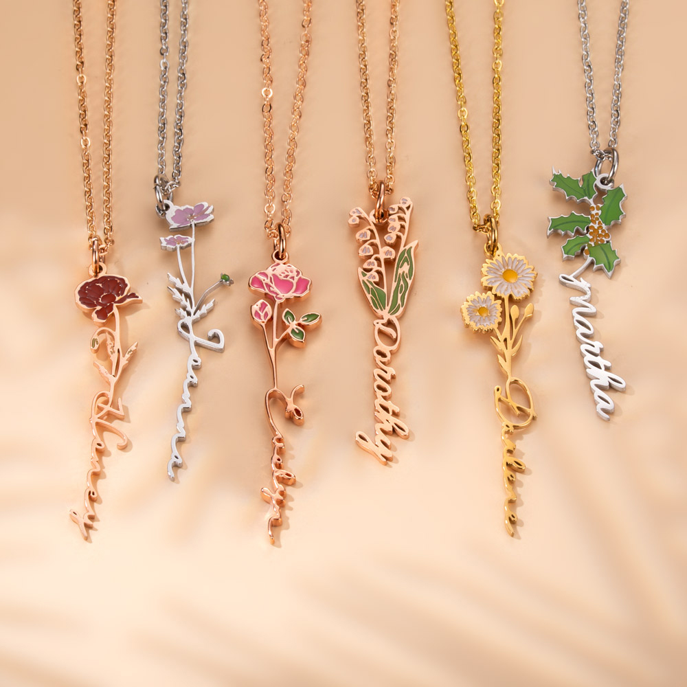 Collier Prénom Fleur Pendentif  Personnalisé Cadeau Anniversaire Mariage pour Femme