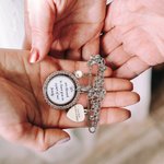 Personalised Bling Rhinestone Pearl Something Blue Engraved Bouquet Charm Pin Brooch with Photo Disc and Heart Charm Wedding Memorial Gift for Bride