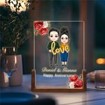 Personalised Cartoon Couple Character LED Night Light with Names and Wooden Base Home Decor Anniversary Valentine's Day Gift for Couple