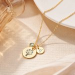 Personalised Disc Birth Flower Birthstone Pendant Necklace with Engraved Name Dainty Jewellery Mother's Day Birthday Gift for Her