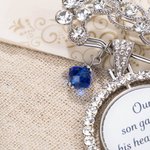 Personalised Bling Rhinestone Pearl Something Blue Engraved Bouquet Charm Pin Brooch with Photo Disc and Heart Charm Wedding Memorial Gift for Bride