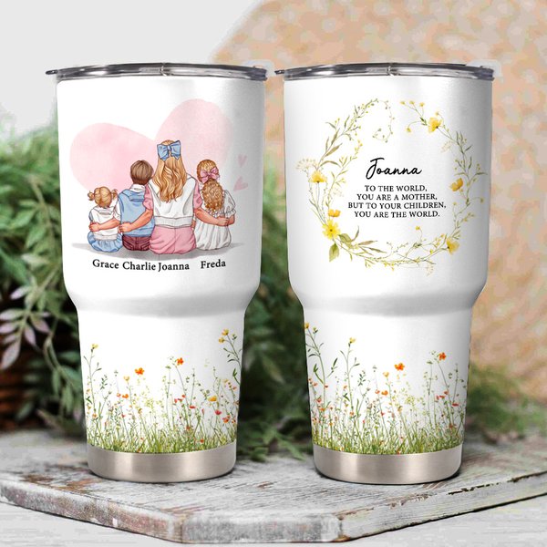 Henkilökohtainen vesivärikukka Äiti ja 1-3 lasta sarjakuvahahmoja 30 oz eristetty Tumbler nimillä Äitienpäivä arvostus lahja äidille
