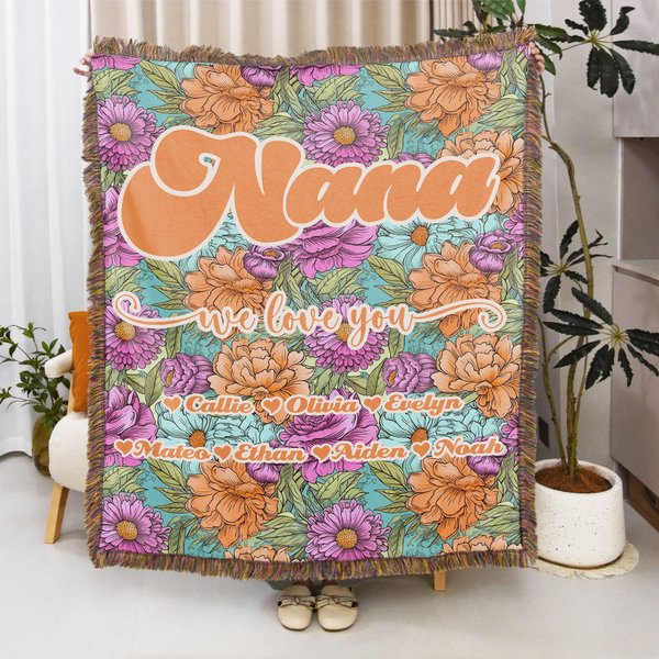 Personalised Colourful Bohemia Retro Flower Design Soft Throw Blanket with Name and Tassels Home Decor Mother's Day Birthday Gift for Mom Grandma