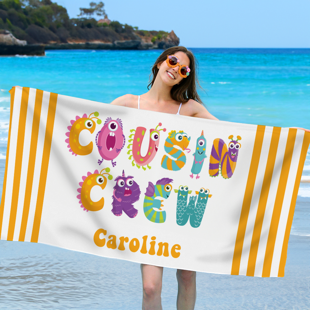Serviette de Plage avec Monstre Mignon Multicolore Personnalisée avec Nom Cadeau d'Anniversaire pour Enfants et Familles