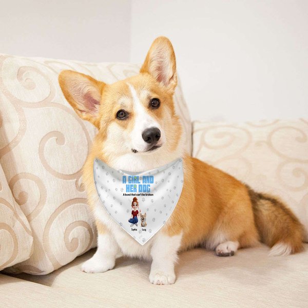 Personalised A Girl & Her Dogs Have Unbreakable Bond 3D Cartoon Design Soft Pet Bandana with Name Birthday Gift for Pet Lovers