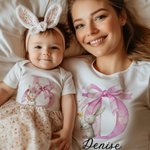 Personalized Cute Bunny Bow Initial 100% Cotton T-shirt Baby Bodysuit with Name Birthday Mother's Day Easter Gift for Baby Mom