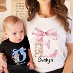Personalized Cute Bunny Bow Initial 100% Cotton T-shirt Baby Bodysuit with Name Birthday Mother's Day Easter Gift for Baby Mom