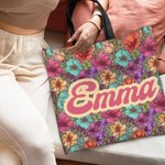 Personalisierte Bohemian Retro Floral Wiederverwendbare Tragetasche mit Nickname und Fächer Muttertag Geburtstag Geschenk für Frauen