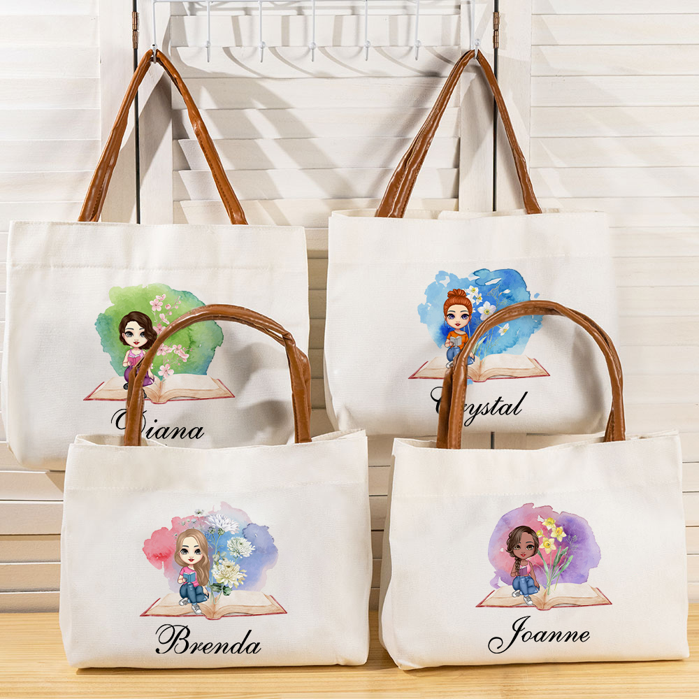 Sac Fourre-Tout Aquarelle Personnalisé avec Nom et Fleur de Naissance Fille de Dessin Animé Cadeau Anniversaire pour Amoureux des Livres