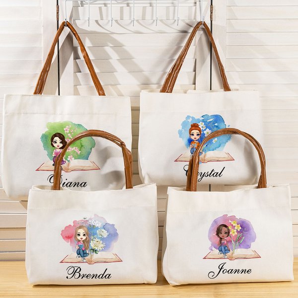 Sac Fourre-Tout Aquarelle Personnalisé avec Nom et Fleur de Naissance Fille de Dessin Animé Cadeau Anniversaire pour Amoureux des Livres
