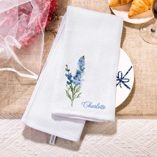 Personlig akvarell Födelseblomma 100% bomullsvåfflad kökshandduk med namn Köksinredning Födelsedag Mors dag Present till kvinnor