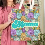 Personalized Colorful Bohemia Retro Flower Design Canvas Tote Bag with Name Mother's Day Birthday Holiday Gift for Mom Grandma