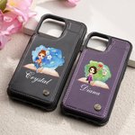 Personalizada acuarela de dibujos animados Chica Nacimiento Flor Libro de cuero Flip Cartera Funda de teléfono con nombre y RFID Bloqueo Tarjetero Regalo de cumpleaños para las mujeres