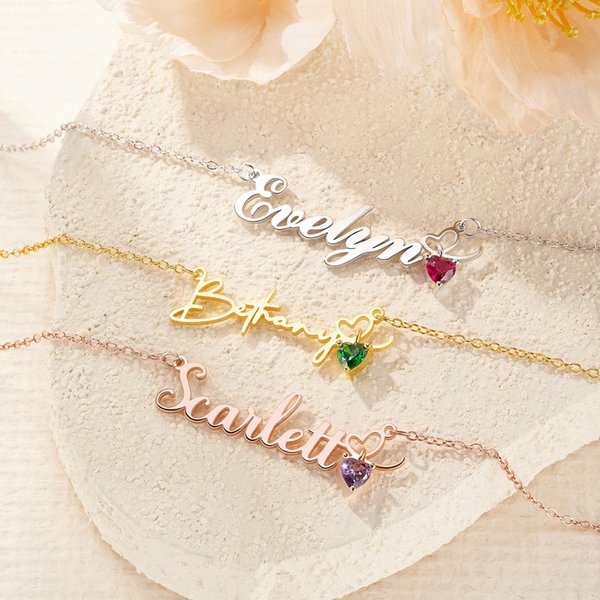 Henkilökohtainen Dainty nimi kaulakoru sydän Birthstone Ystävänpäivä Syntymäpäivä Vuosipäivä Lahja naisille