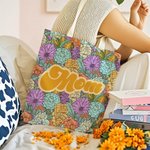 Personalized Colorful Bohemia Retro Flower Design Canvas Tote Bag with Name Mother's Day Birthday Holiday Gift for Mom Grandma