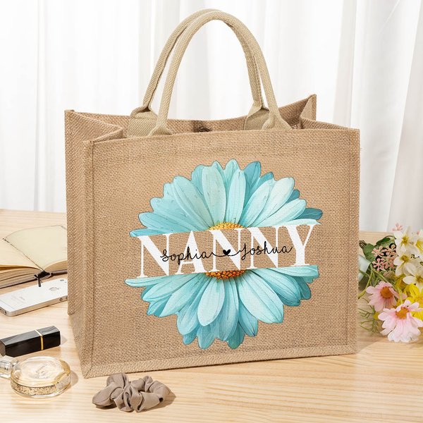 Personalized Light Blue Daisy Large Capacity Jute Tote Bag with 1-8 Names Mother's Day Birthday Gift for Mom