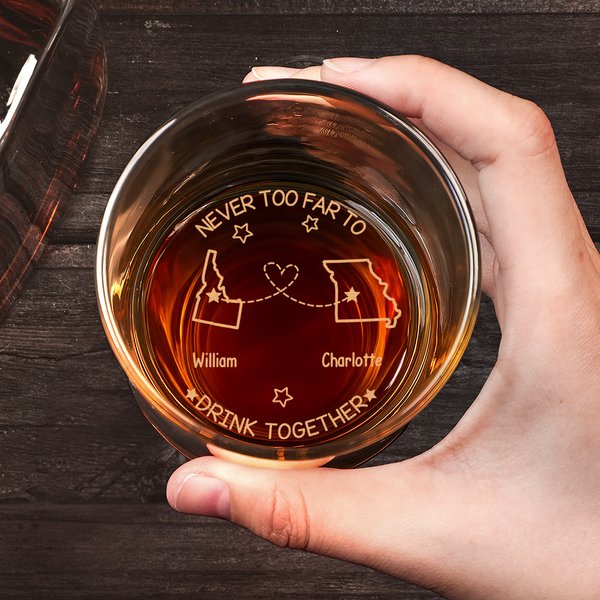 Personalized Never Too Far to State Maps 10 oz Whiskey Glass with Name Long Distance Housewarming Gift for Wine Lovers Friend Family