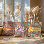 Personalized Colorful Bohemia Retro Flower Design Canvas Tote Bag with Name Mother's Day Birthday Holiday Gift for Mom Grandma