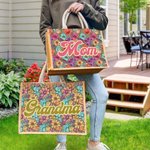 Bolsa de yute con nombre personalizada Bohemia de colores con diseño de flores retro Día de la madre Cumpleaños Vacaciones Regalo para mamá Abuela