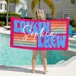 Personalized Multicolor Stripe Design Cousin Crew Quick Dry Oversized Beach Towel with Name Summer Vacation Travel Essentials Gift for Family Kids
