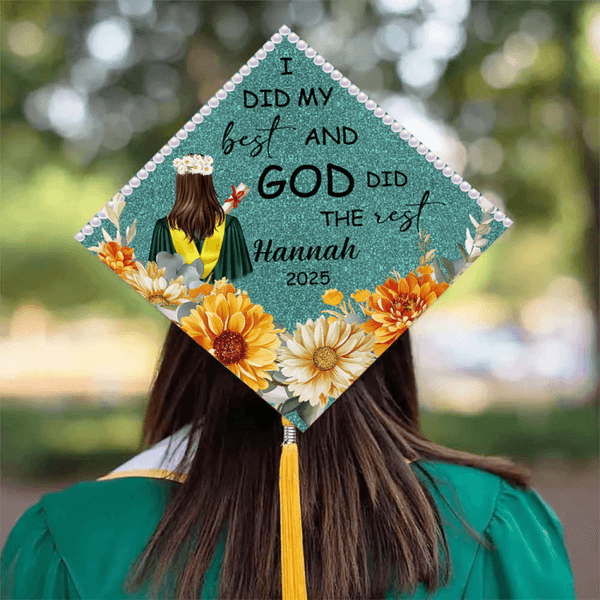 Personalized Glitter Birth Flower Back View Student I Did My Best Graduation Cap Topper Decoration with Name and Year Graduation Gift for Graduates