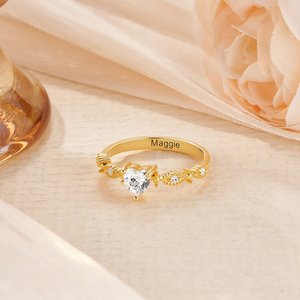 Personalised Dainty Heart Birthstone Zircon Promise Ring with Engraved Name Birthday Mother's Day Wedding Gift for Women