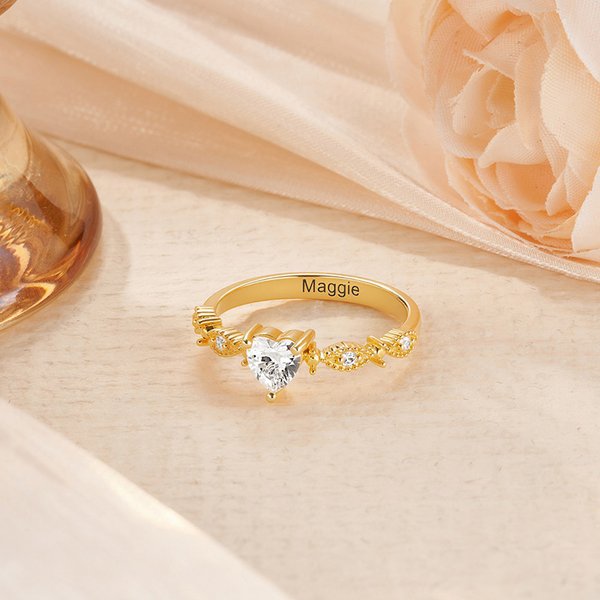 Bague Promesse Personnalisée avec Cœur Fin Pierre de Naissance Zircon et Nom Gravé Cadeau Anniversaire Fête des Mères Mariage pour Femme