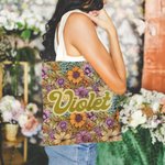 Personalized Colorful Bohemia Retro Flower Design Canvas Tote Bag with Name Mother's Day Birthday Holiday Gift for Mom Grandma