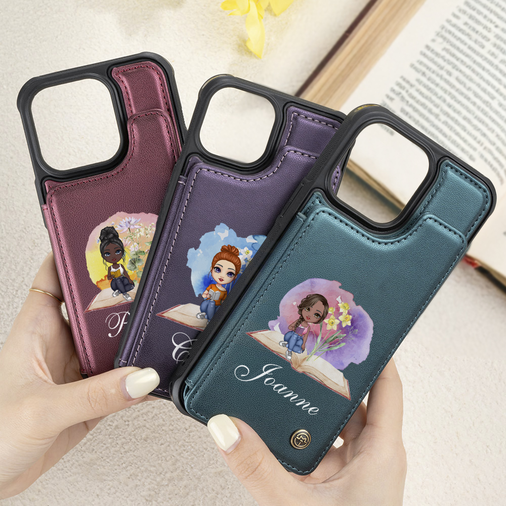 Personnalisé aquarelle Cartoon Girl Birth Flower Book Leather Flip Wallet Phone Case with Name and RFID Blocking Card Holder Birthday Gift for Women