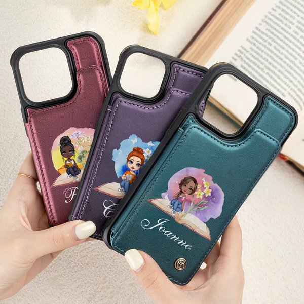 Personalised Watercolor Cartoon Girl Birth Flower Book Leather Flip Wallet Phone Case with Name and RFID Blocking Card Holder Birthday Gift for Women
