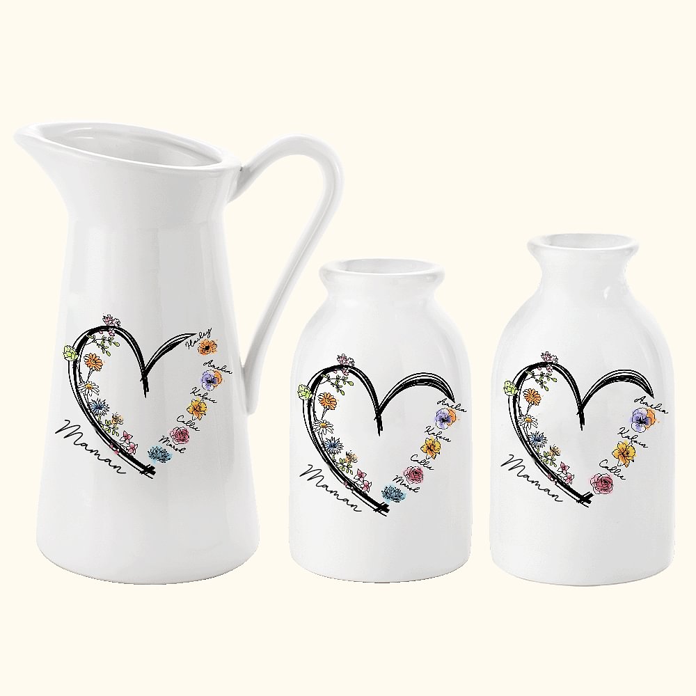 Vase en Céramique Personnalisé avec 1-6 Noms et Fleurs de Naissance Décoration d'Intérieur Cadeau Anniversaire Fête des Mères pour Maman Grand-mère