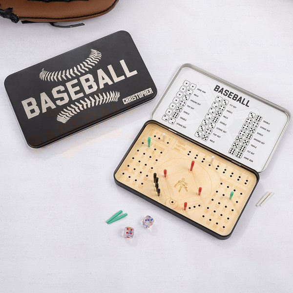 Personalized Portable Wooden Baseball Cribbage Board with 12 Pegs 2 Dices and Name Tin Box 2 Players Travel Game Birthday Gift for Baseball Lovers