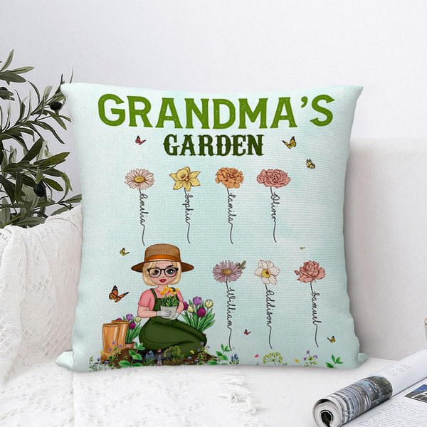 Personalized Birth Flower Garden Cartoon Character Throw Pillow Cover with Names Multicolor Home Decor Mother's Day Appreciation Gift for Grandma Mom