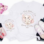 Personalized Cute Animal Wreath 100% Cotton Baby Bodysuit Matching T-shirt with Names and Date First Mother's Day Gift for Newborn New Mom