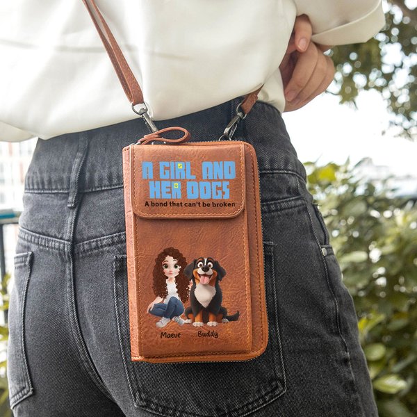 Personalizado Una Niña Y Sus Perros Bolsa de Cuero de PU Crossbody Cartera con Nombre Accesorios de Viaje Regalo de Cumpleaños para los Amantes de las Mascotas