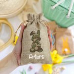 Personalized Camouflage Ink Oil Painting Bunny Drawstring Burlap Treat Bag with Name Easter Egg Hunt Holiday Party Favors Gift for Kids Family