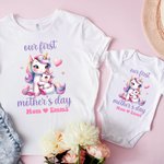 Personalized Cute Animal Mom Hugs Baby 100% Cotton Baby Bodysuit Matching T-shirt with Names First Mother's Day Gift for Newborn New Mom