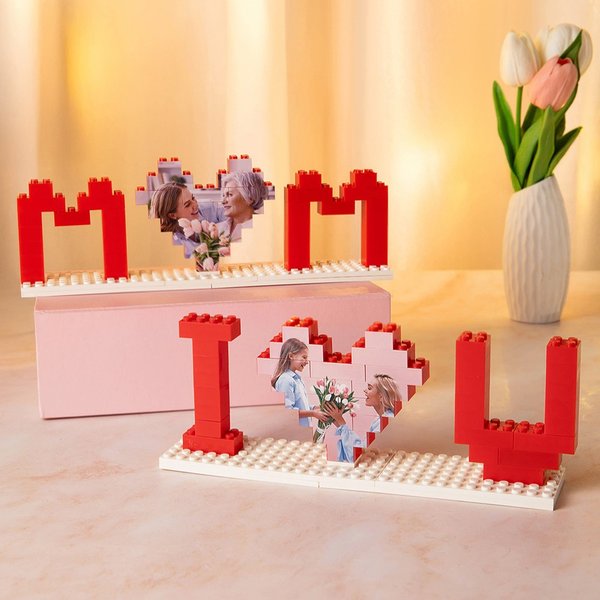 Personalized Mom I Love You Heart-shaped Photo Building Brick Puzzles Home Decor Mother's Day Birthday Gift for Mom Grandma