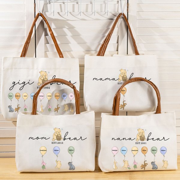 Personalized Classic Winnie the Pooh Honey Balloon Canvas Tote Bag with 1-12 Names and Leather Handle Mother's Day Birthday Gift for Mom Grandma