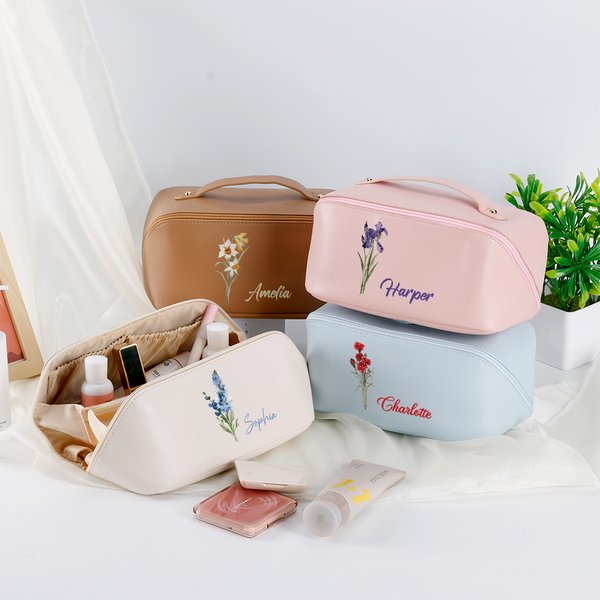 Personalizada Acuarela Nacimiento Flor Nombre Cuero Amplia Apertura Bolsa de Maquillaje con Asa Accesorios Portátil Cumpleaños Novia Regalo para Mujer