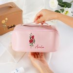 Personalisierte Aquarell Geburt Blume Name Leder breite Öffnung Make-up-Tasche mit Griff tragbare Accessoires Geburtstag Brautjungfer Geschenk für Frauen