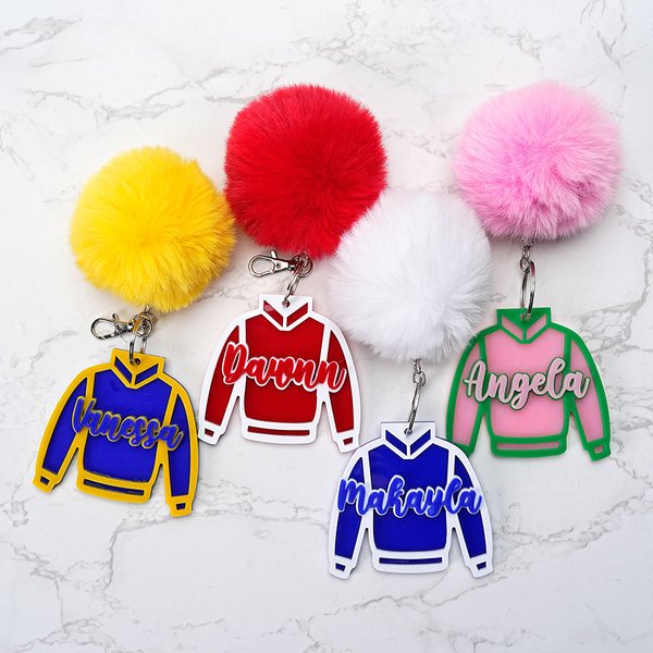 Personalized Long-sleeve Jacket Acrylic Keychain with Name and Puff Ball Sorority Celebrations Birthday Gift for Sisters Friends